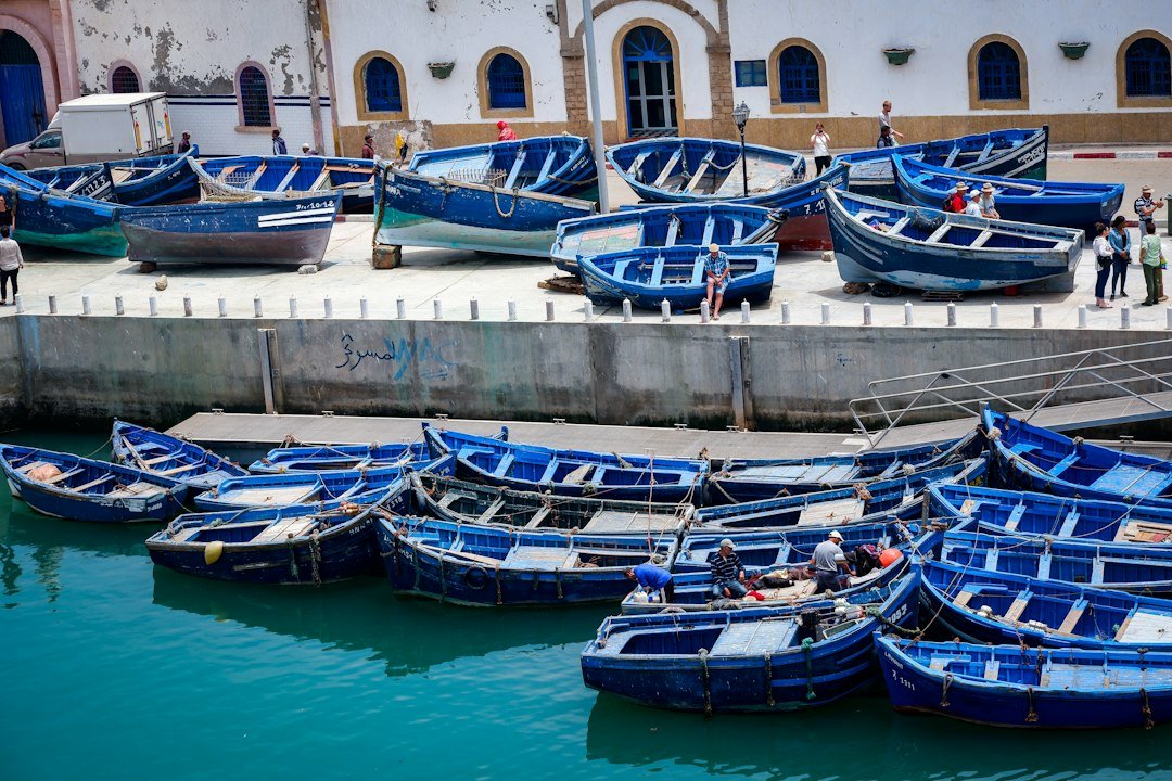 Blue fishing boats in the harbor of Essaouira, Morocco