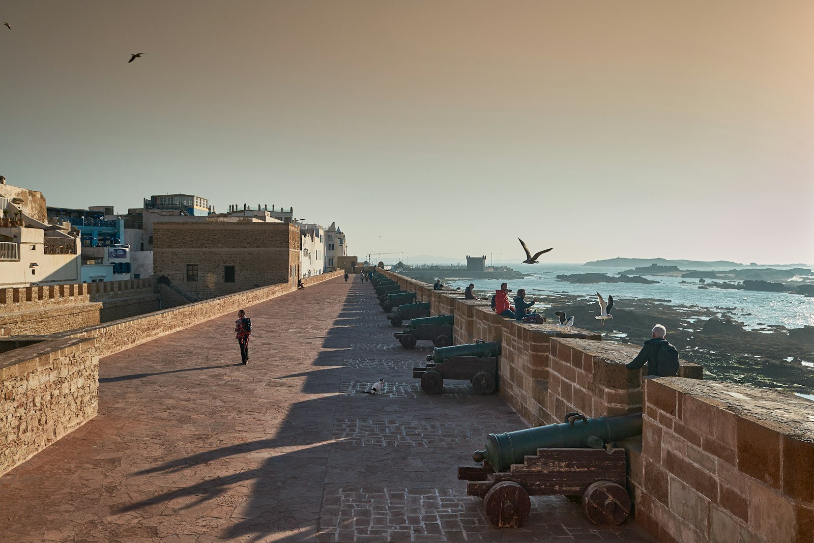 Long ramparts of Essaouira overlooking the Atlantic Ocean and the city